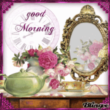 good morning clock mirror teapot cup