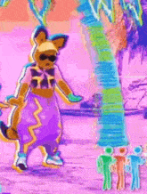 a person in a kangaroo costume is dancing in front of a palm tree in a video game .