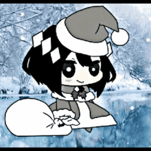 a black and white drawing of a girl wearing a santa hat and holding a bag of gifts .