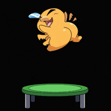 a cartoon character jumping on a green trampoline