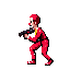 a man in a red suit is holding a gun in a pixel art .