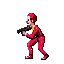 a man in a red suit is holding a gun in a pixel art .