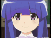 a close up of a girl with purple hair and a magazine logo on the bottom