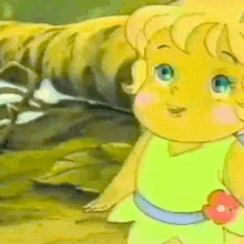 a cartoon character is holding a red apple