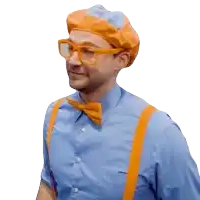 a man in a blue shirt and orange suspenders is wearing a beret and glasses