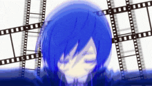 a girl with blue hair is surrounded by film stripes