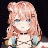 a girl with pink hair and blue eyes is wearing a choker .