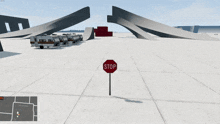 a stop sign is in the middle of a concrete area