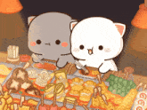 two cartoon cats are sitting at a table with food