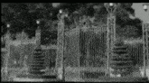 a black and white photo of a wrought iron fence with trees in the background .