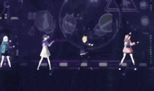 two anime girls are dancing together on a stage in a video game .
