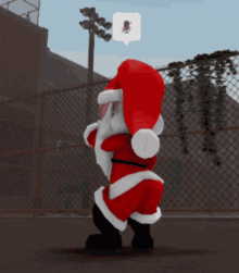 a cartoon character dressed as santa claus standing in front of a fence