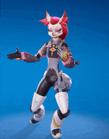 a cartoon character with a blue background is standing with her arms wide open