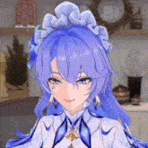 a girl with purple hair and blue eyes is wearing a maid 's hat .