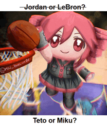 a cartoon of a girl holding a basketball with the words teto or miku below her