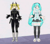 two anime characters are standing next to each other and one is wearing a microphone