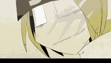 a close up of a cartoon character 's face with a white square on it