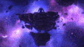 a person is standing on top of a floating island in the middle of a purple galaxy .