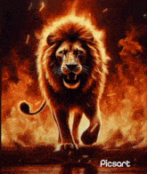 a painting of a lion with fire behind it and the word picsart at the bottom