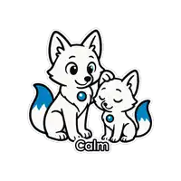 a sticker with two foxes and the word calm