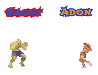 a pixel art of two fighters with the words sagat and adon behind them
