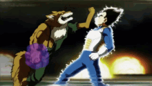 a cartoon of a man in a blue suit standing next to a wolf