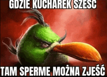an angry bird with a long beak and a mustache is on a red background with a caption .