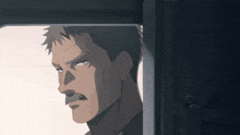 a man with a mustache looks out of a window