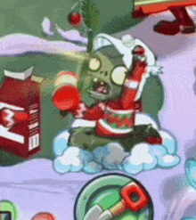 a cartoon zombie is sitting on a cloud holding a bottle of tomato juice .