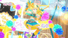 a cheerleader is jumping in the air with pom poms in front of a sign that says cheer up