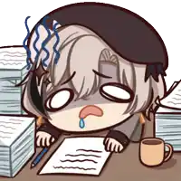a cartoon character is sitting at a desk with a cup of coffee and a stack of papers