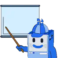 a cartoon of a computer holding a pointer in front of a whiteboard