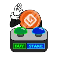 a cartoon character is holding a coin in front of a buy and stake button