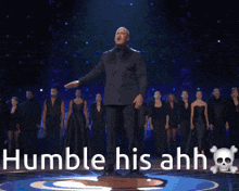 a man in a suit with the words humble his ahh on the bottom