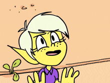 a yellow cartoon character with white hair and freckles