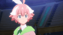 a girl with pink hair and white ears looks at the camera