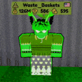 a green cartoon character is standing in front of a wall with a sign that says waste baskets