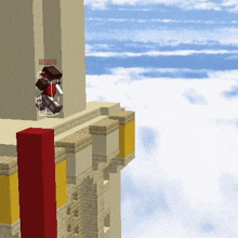a computer generated image of a building with a person standing on top of it