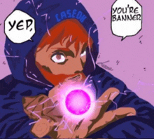 a cartoon of a man holding a purple ball with a speech bubble that says " you 're banned "