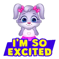 a cartoon of a bunny with the words i 'm so excited behind her