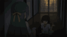 a man is holding a knife while a girl looks on