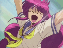 a girl with purple hair and a yellow sash is screaming with her arms in the air