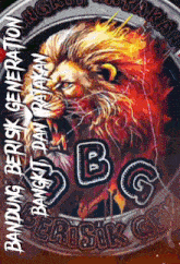 a picture of a lion with the letters bg around it