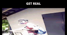a picture of a man with a backpack and the words " get real " on the bottom