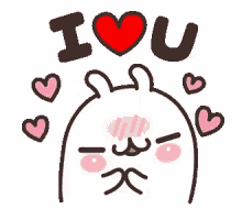 a cartoon rabbit is saying `` i love you '' with hearts around it .