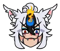 a cartoon drawing of a person with white hair and a blue flame on their head