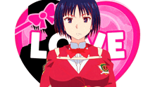 a girl in a red uniform is standing in front of a pink heart with the word love on it