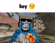 a picture of a gorilla wearing sunglasses and holding a painting palette with the word hey written above it