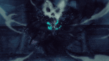 a cartoon character with glowing eyes and a skull on his face