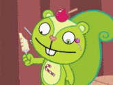 a cartoon character with a candy cane on his chest